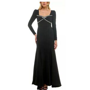 Black Long-Sleeve Evening Gown With Rhinestone Trim By Taylor Size 8 Square Neck